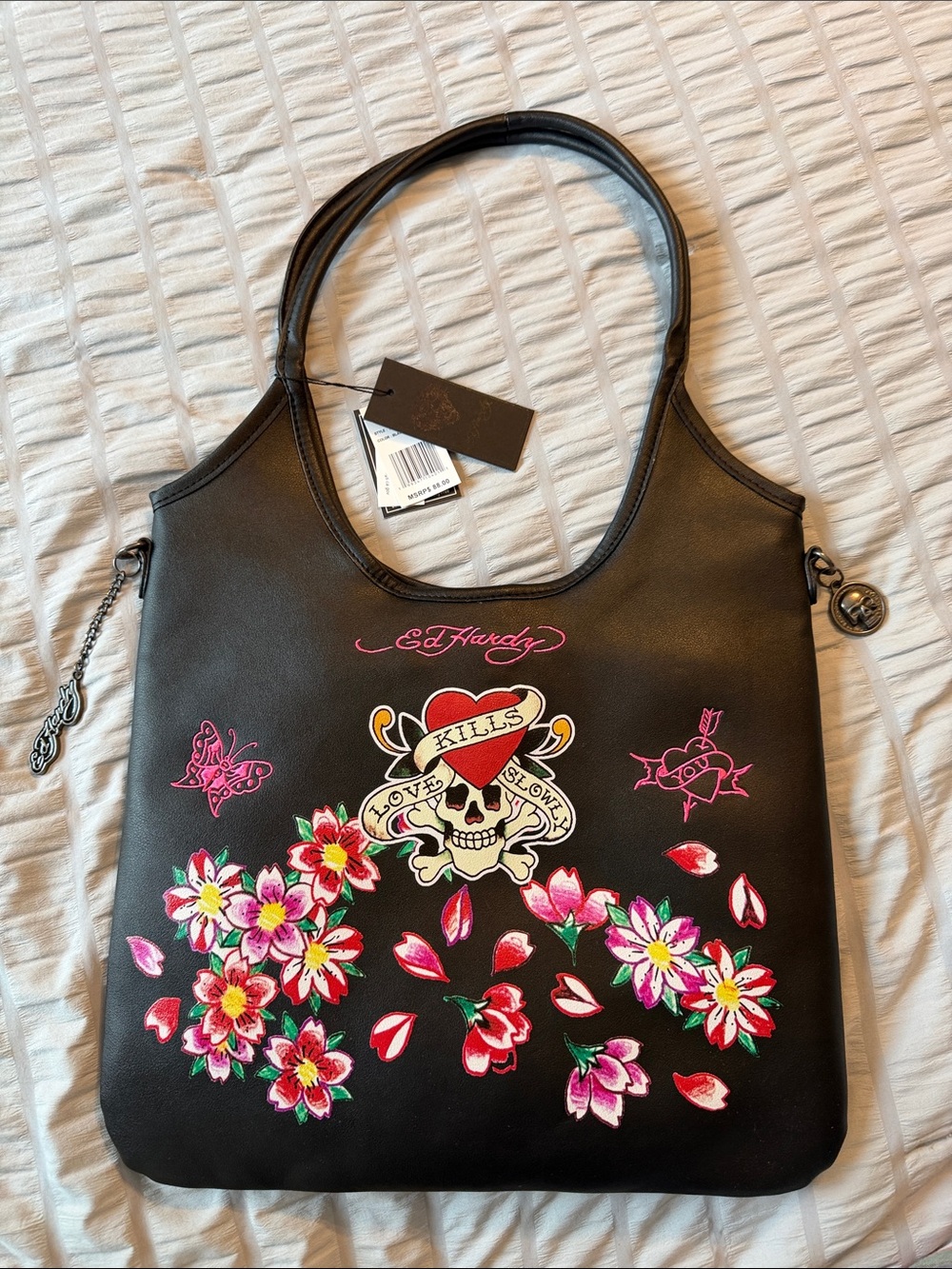 Ed Hardy Black Floral Skull Shoulder Bag
